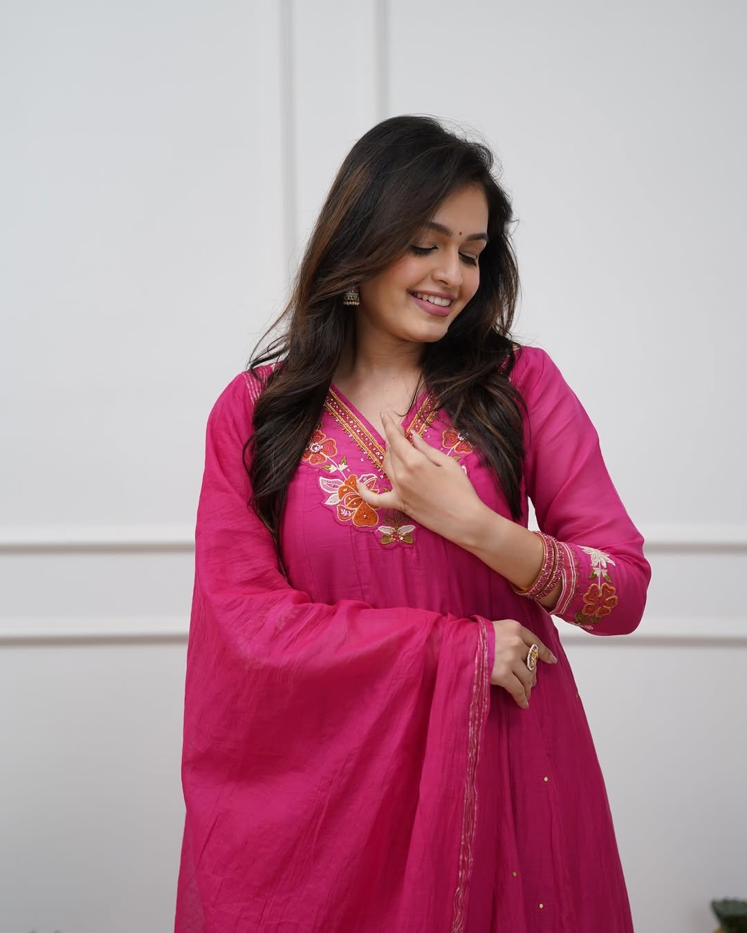 Pink Cotton Anarkali Suit Set with Mirror Work